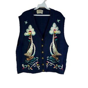 Vintage 90s Sail Boat Knit Cardigan Sweater Vest Prep Novelty